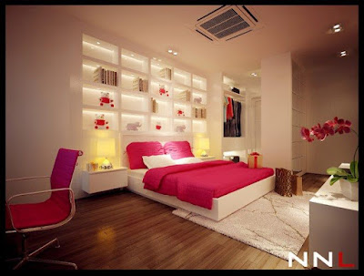 one of modern bedroom sets with white colors and pink bed covers