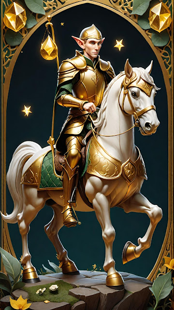 Contempla la representación del Caballero de Oros en el M.E.T. Maximir Elf Tarot, creada por Máximo Dárdano. Esta obra está disponible como NFT en OpenSea, simbolizando la determinación y la estabilidad del Caballero de Oros, representando un enfoque firme y una actitud estable hacia los desafíos.