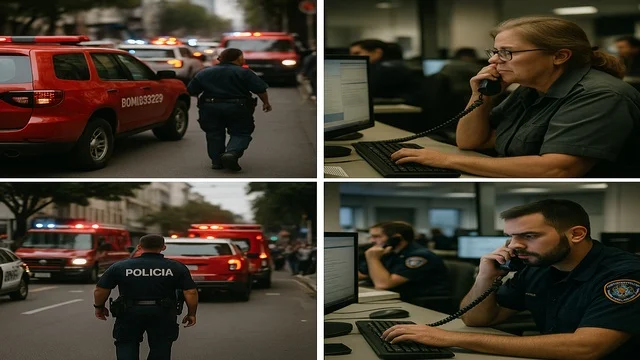 Viaturas de emergência em ação e operadores sobrecarregados em central de chamadas.
