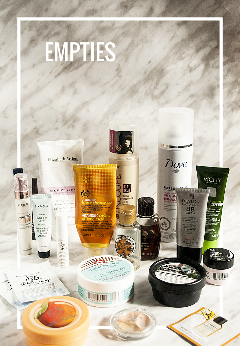 Empties - Elizabeth Arden, L'Oreal, Bodu Shop, Dove, Revlon, Lacoupe, Bonnabelle, Philosphy, Bumble and Bumble, F.A.B., Lish, Personnelle, Ole Henrikson - Gendots