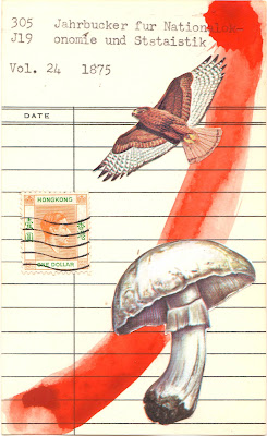 the name of God YHWY mushroom identification guide vintage postage stamp bird eagle hawk library due date card collage art by Justin Marquis