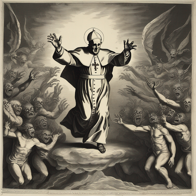 Papa Francisco con las manos alzadas y rodeado de demonios.
