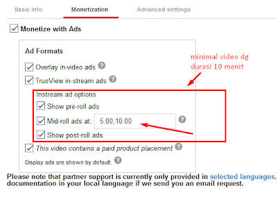 cara setting iklan mid roll di video youtube
