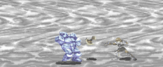 Shows blonde hair knight throwing axe at like  ice robot in ice area