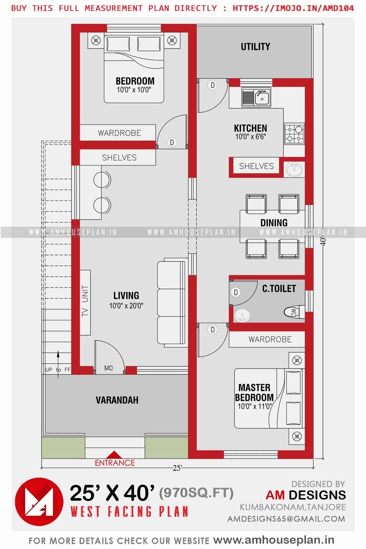 25 x 40 House plan 2bhk with west facing