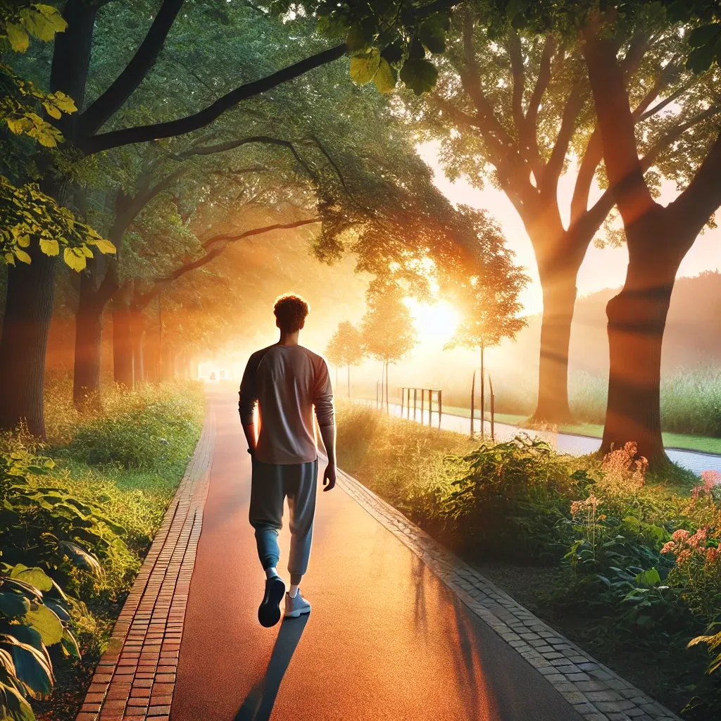 Pessoa caminhando ao ar livre durante o nascer do sol, respirando ar fresco e aproveitando os benefícios da caminhada matinal para a saúde.