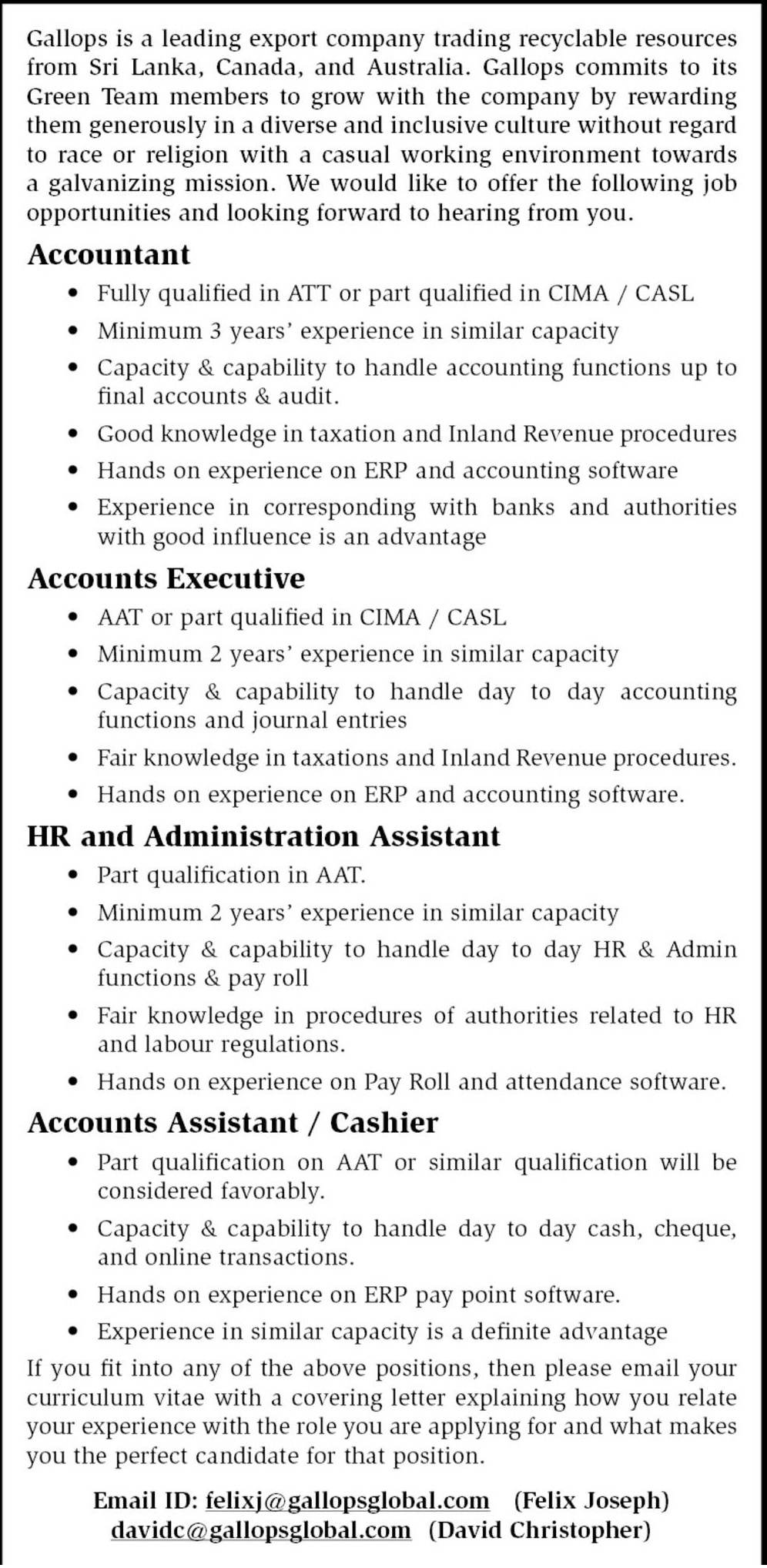 Vacancies in Gallops