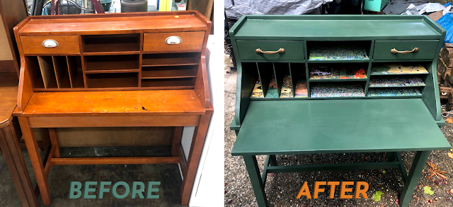 before and after images of the desk, the same images pictured above next to each other. text in green and orange states "before and after"