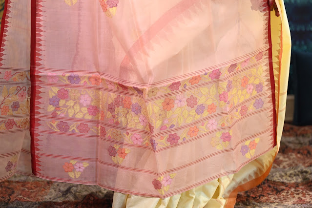 Pink Rani phee dupatta with a red temple border and jamdani pallu.