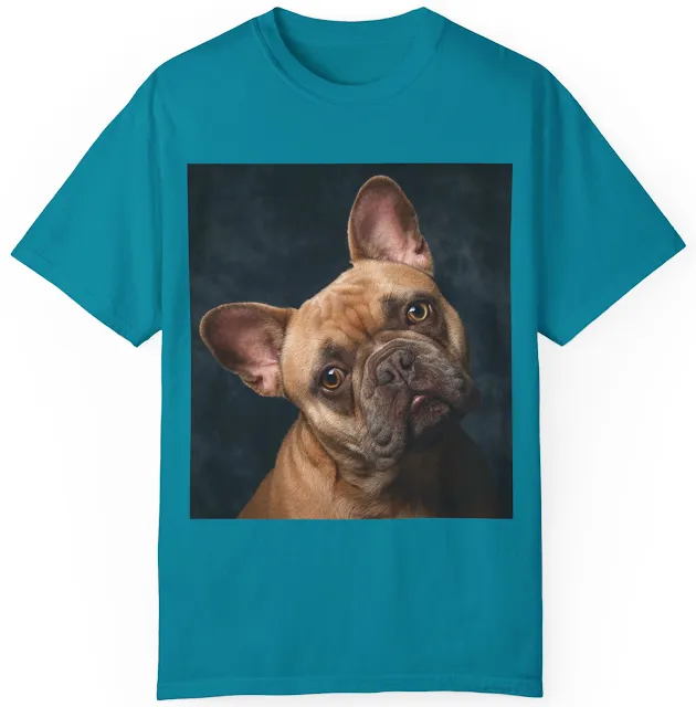 Unisex Garment Dyed Comfort Colors T-Shirt With Portrait of Cute Pale Tan French Bulldog With Tilted Face
