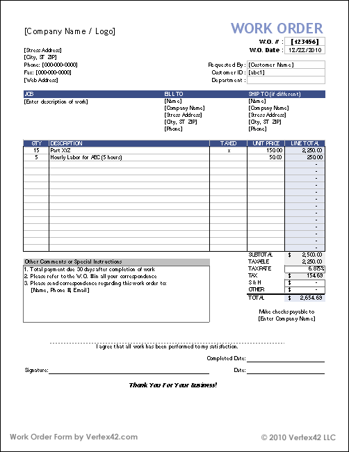 Free Work Order Form Template For Excel