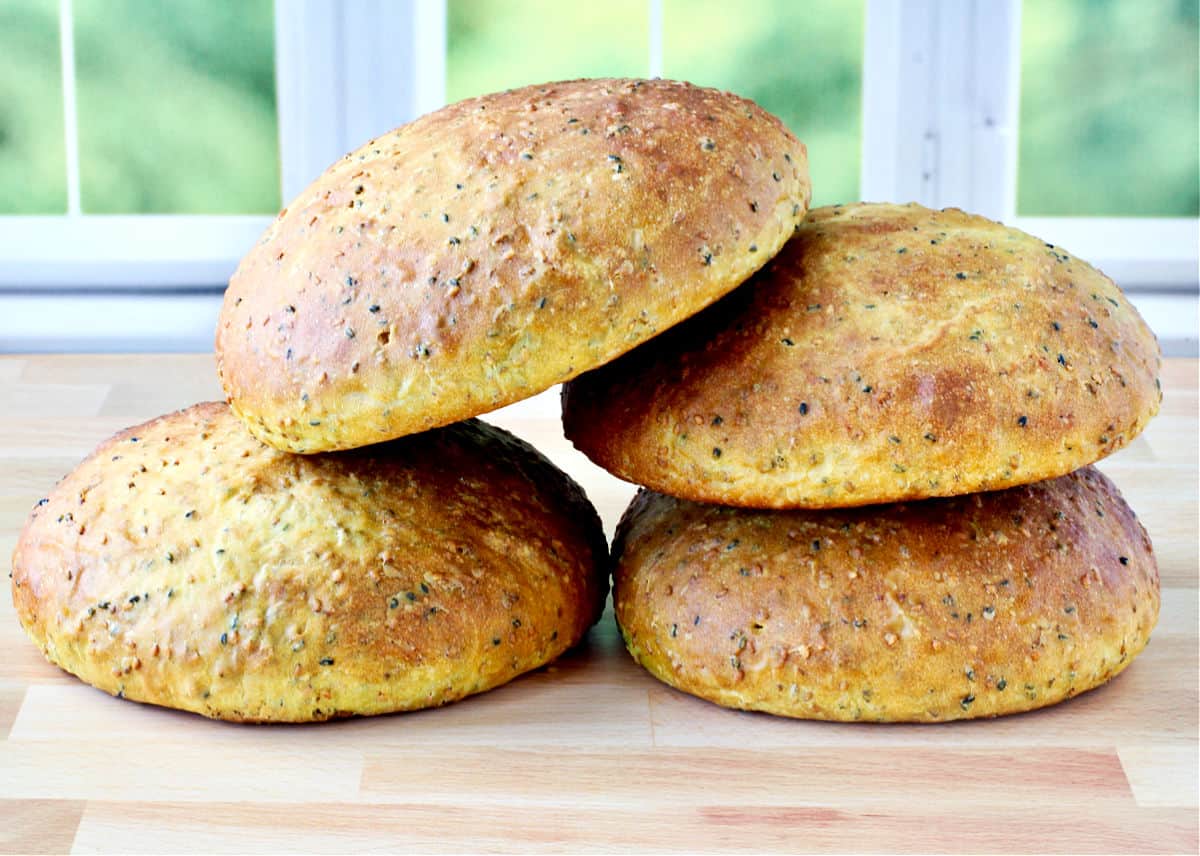 Ka'ak Asfar (Palestinian-Style Turmeric Bread) loaves stacked.