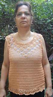 Sweet Nothings Crochet free crochet pattern blog ; modelled photo of the Exquisite floral top (front view)