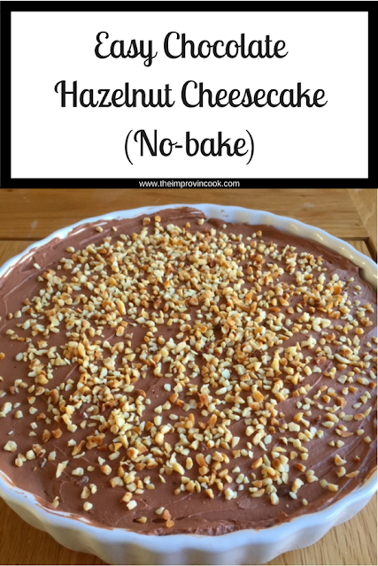 Whole Chocolate Hazelnut Cheesecake  in a white dish with text