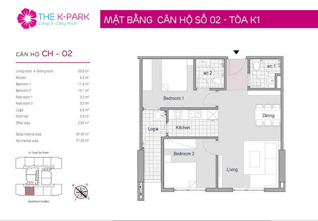 Thiết kế căn hộ 02 - Dt 67m2 - 02 phòng ngủ