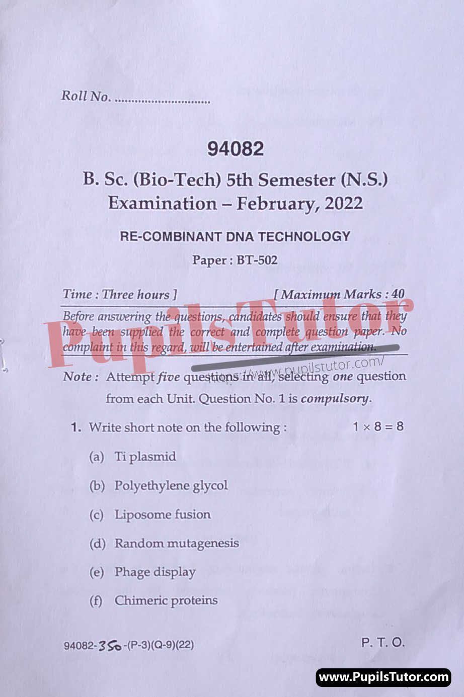 MDU (Maharshi Dayanand University, Rohtak Haryana) BSc Biotechnology Pass Course 5th Semester Previous Year Re-Combinant DNA Technology Question Paper For February, 2022 Exam (Question Paper Page 1) - pupilstutor.com