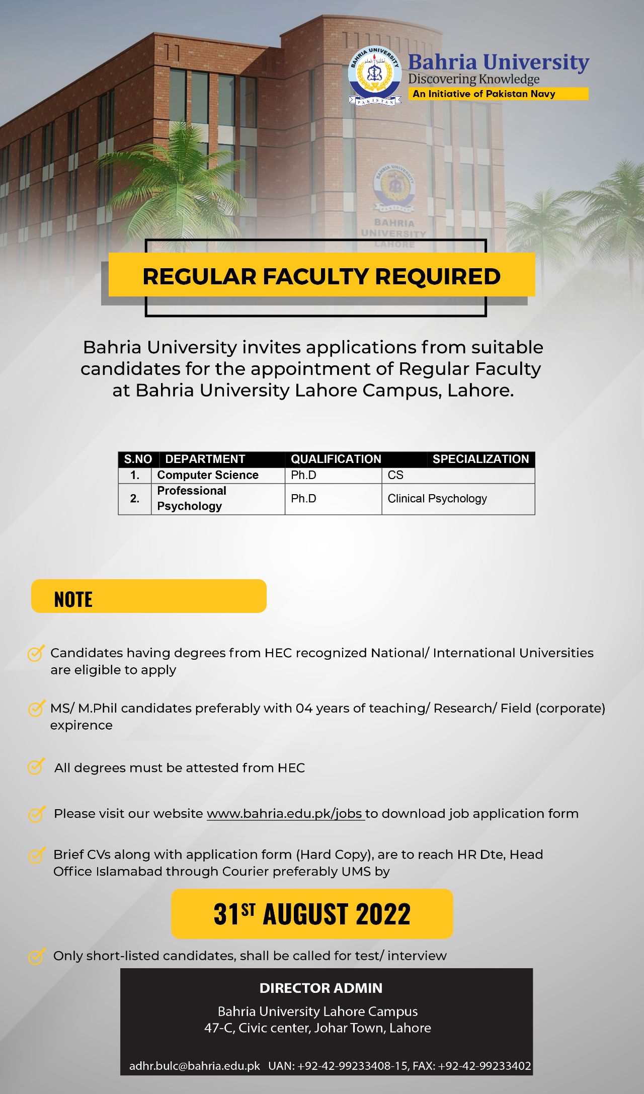 Bahria University Announced Jobs August 2022