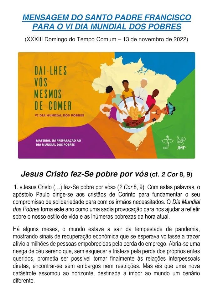 MENSAGEM DO SANTO PADRE FRANCISCO PARA O VI DIA MUNDIAL DOS POBRES