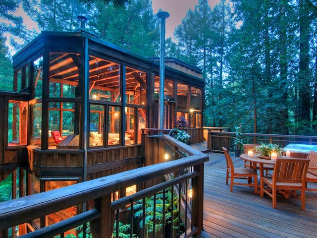 Photo of tree house in the forest at sunset as seen from the terrace