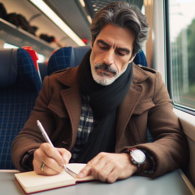 A middle aged man on a train writing in a journal