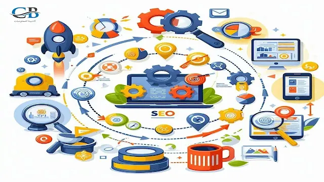 رسم توضيحي يشرح عملية تحسين محركات البحث (SEO) خطوة بخطوة ومكوناتها الرئيسية