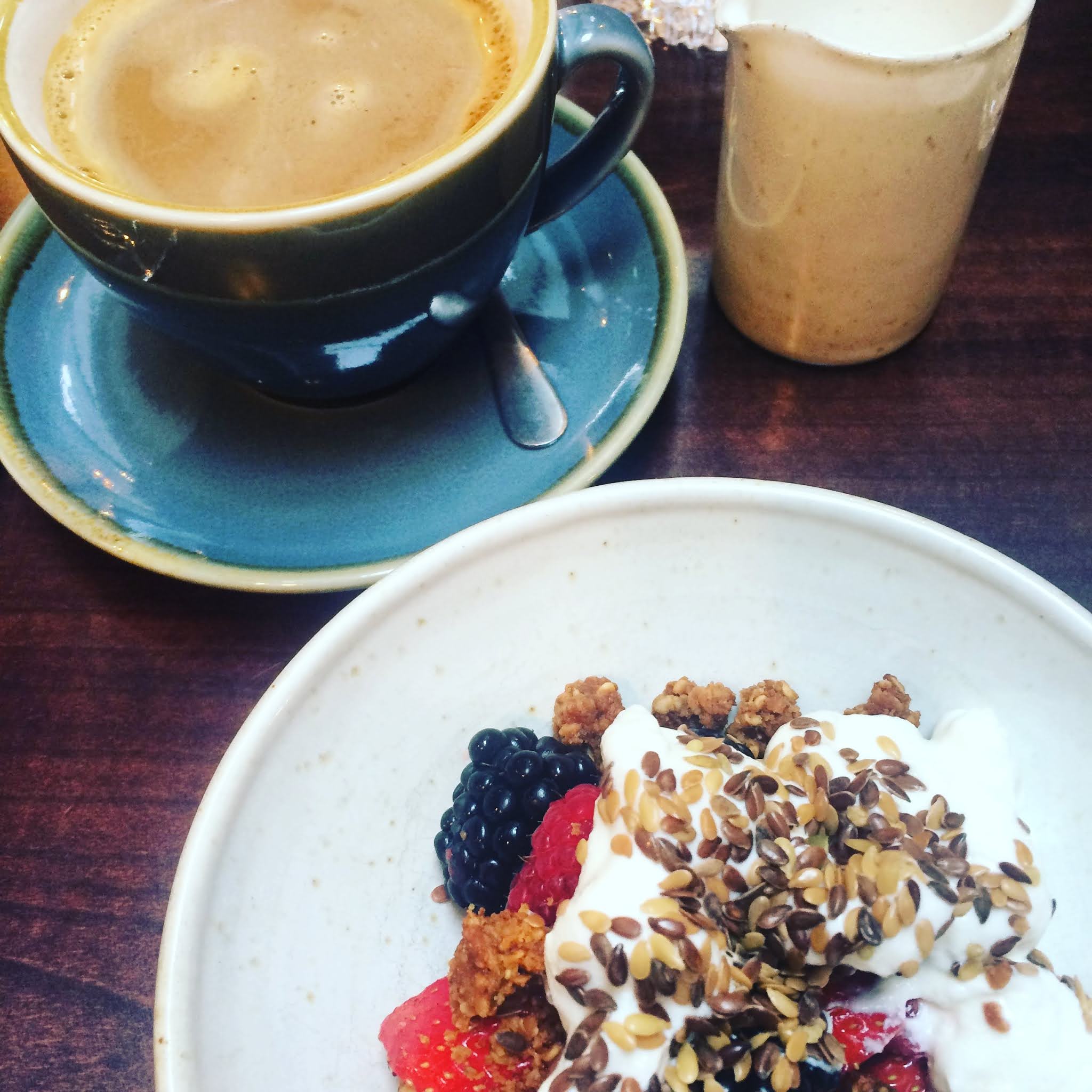 granola, yogurt, berries and coffee at luxury london breakfast spot the henrietta hotel in covent garden