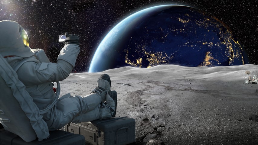 space travel man chilling on moon