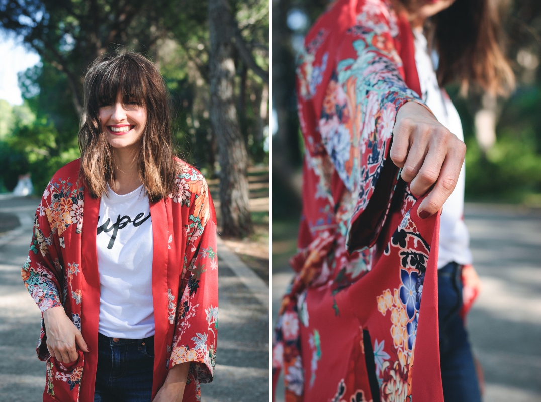 Red flowered Kimono Bershka