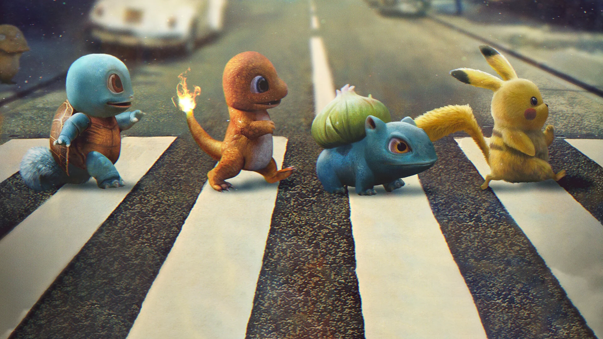 Squirtle, Charmander, Pikachu and  Bulbasaur Crossing the street Beatles style at Abbey Road