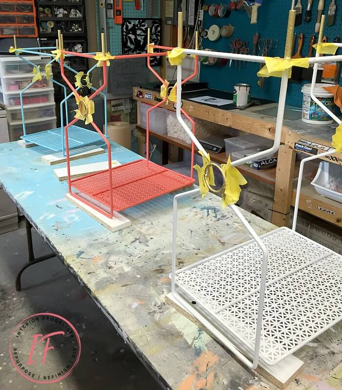 How to quickly and easily refresh vintage wrought iron mesh nesting tables in bright bold retro colors reminiscent of 1950s coastal outdoor furniture.