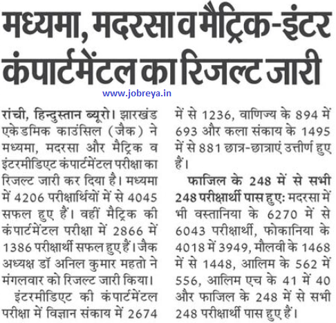 Madhyama, Madrasa and Matric-Inter compartmental JAC Result out notification latest news update 2022 in hindi