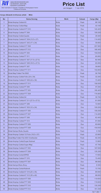Daftar harga Stationery 2016 ATK Kantor Amplop Coklat merek Biola
