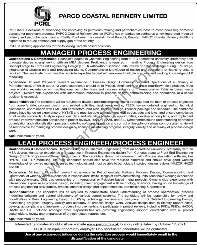 www.parco.com.pk - PARCO Coastal Refinery Ltd Jobs 2021 in Pakistan