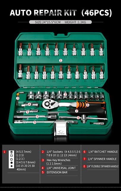 46Pcs Professional Spanner Socket Set 1/4inch Screwdriver Ratchet Wrench Set Kit Car Repair Tools Combination Hand Tool Set