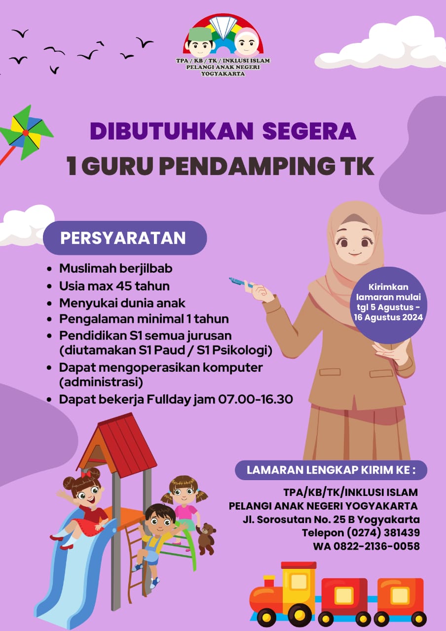 Loker Guru Pendamping TK Pelangi Anak Negeri Jogja