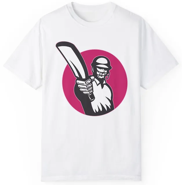 Garment Dyed Personalized Cricket T-Shirt With A Graphic of Cricket Player Batsman Pointing His Bat at You Set in a Pink Circle Isolated