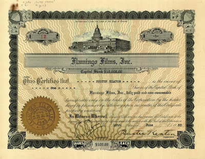 Flamingo Films stock certificate signed by Buster Keaton