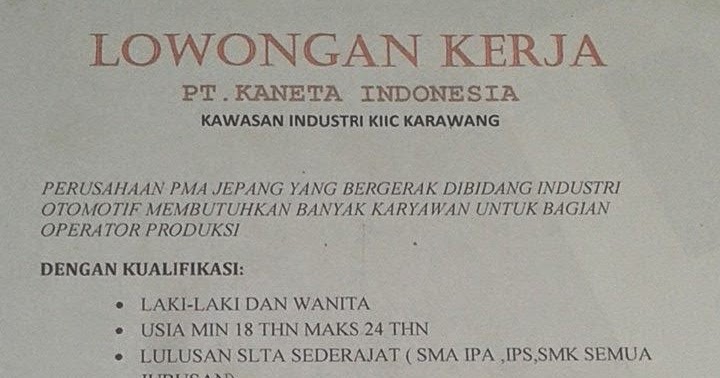 Lowongan Kerja PT Kaneta Indonesia KIIC Karawang - Berita ...