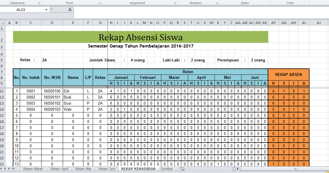 Contoh Format Daftar Hadir / Absensi siswa di Microsoft 