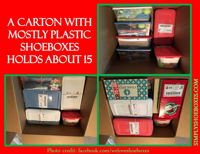 Carton of plastic shoeboxes for Operation Christmas Child
