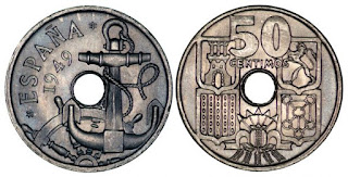 Moneda de 50 céntimos de 1949 con las flechas hacia arriba