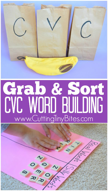 Grab and Sort: CVC Word Building. Fun phonics game for preschoolers or kindergarteners using letter tiles to build and sort simple C-V-C words. Great for early readers.