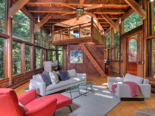 Photo of living room inside of tree house in the forest