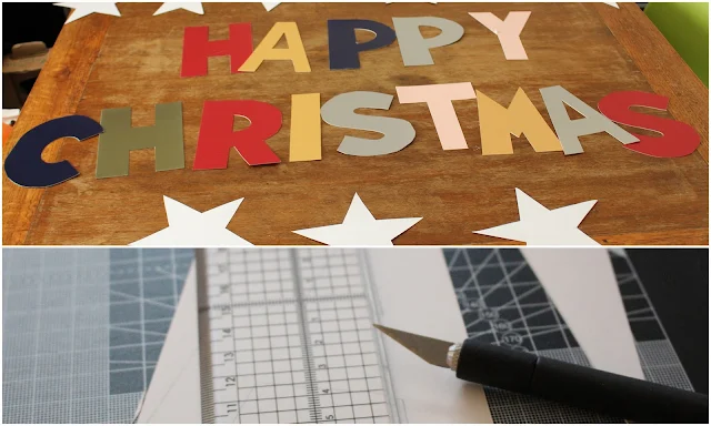 Images showing card letters and stars and a craft knife and cutting board