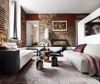 living room design with brick wall