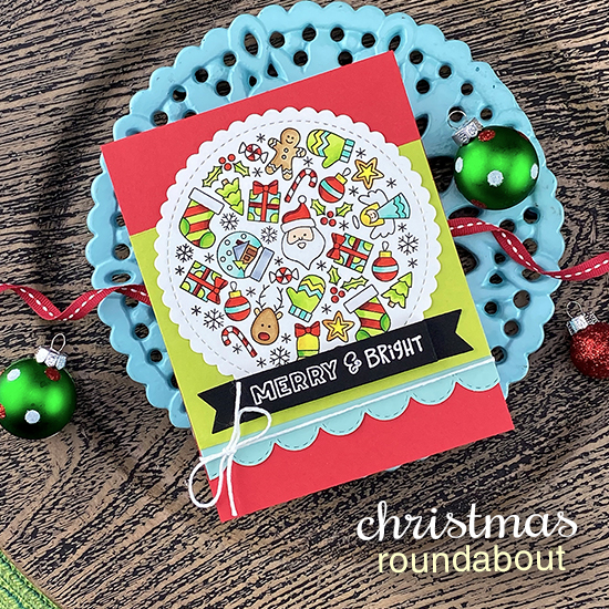 Merry & Bright Holiday card by Jennifer Jackson | Christmas Roundabout Stamp Set, Circle Frames Die Set, Sky Borders Die Set and Banner Trio Die Set by Newton's Nook Designs #newtonsnook #handmade