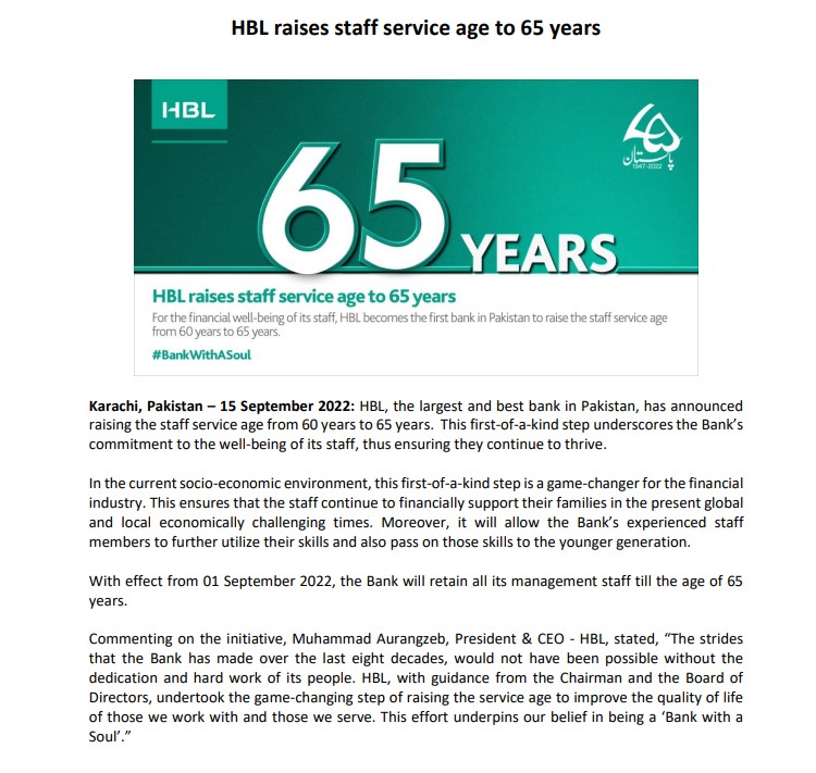 HBL raises staff service age from 60 to 65 years