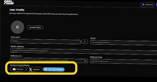 Screen of the Quranium airdrop sing-up process where participants have to connect their social accounts like, Discord, Telegram, and X/Twitter accounts