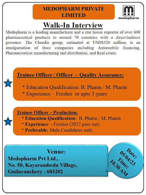 Medopharm Private limited | Walk-in Interview for Freshers and Experienced on 5th April 2023