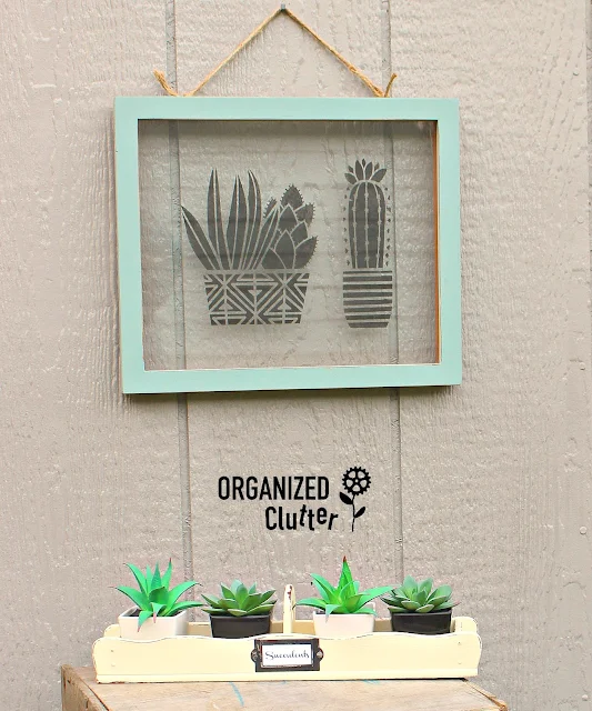 Garage Sale Floating Frame Stenciled Succulent/Cactus Wall Art #stencil #garagesalefinds #upcycle #walldecor #frameideas